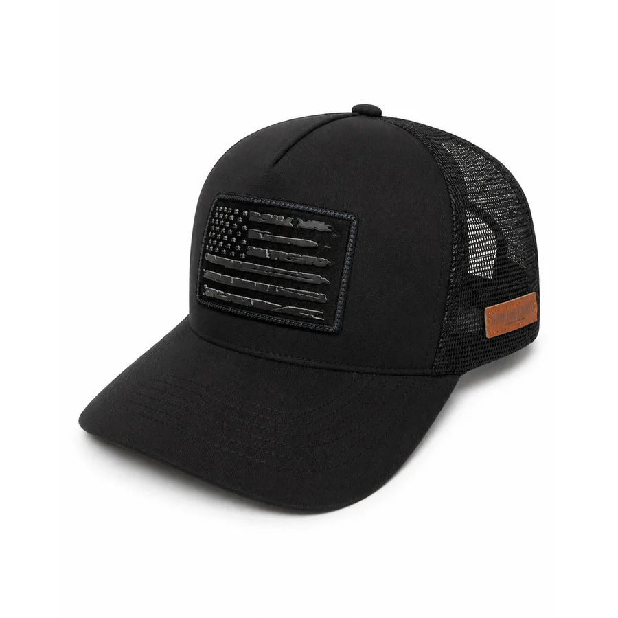 Boné Trucker Bandeira EUA Suede na cor Preto