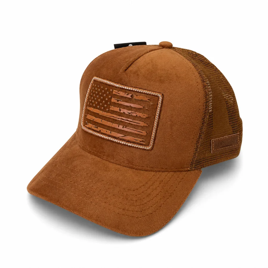 Boné Trucker Bandeira EUA Suede na cor Laranja