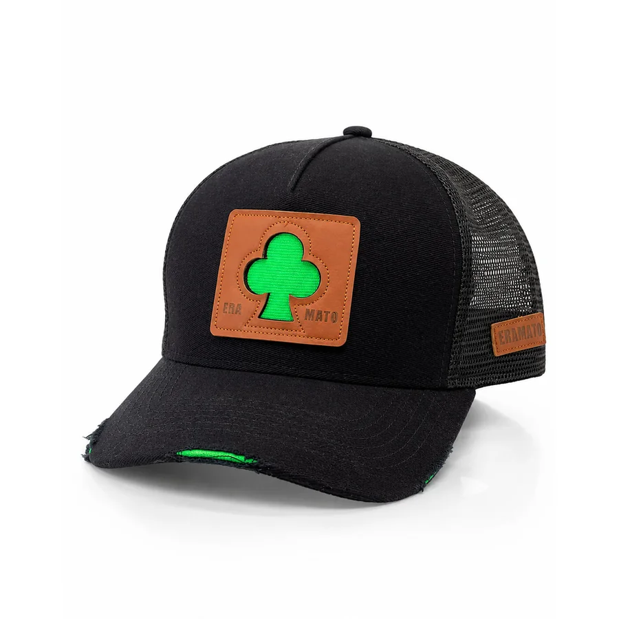 Boné Trucker Trevo da Sorte Patch Couro na cor Preto e Verde