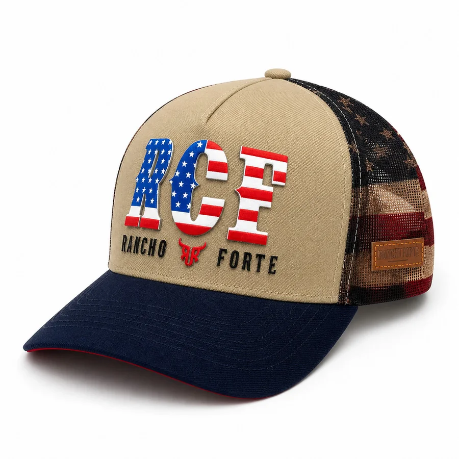 Boné Trucker EUA RCF Bandeira Estados Unidos na cor Bege