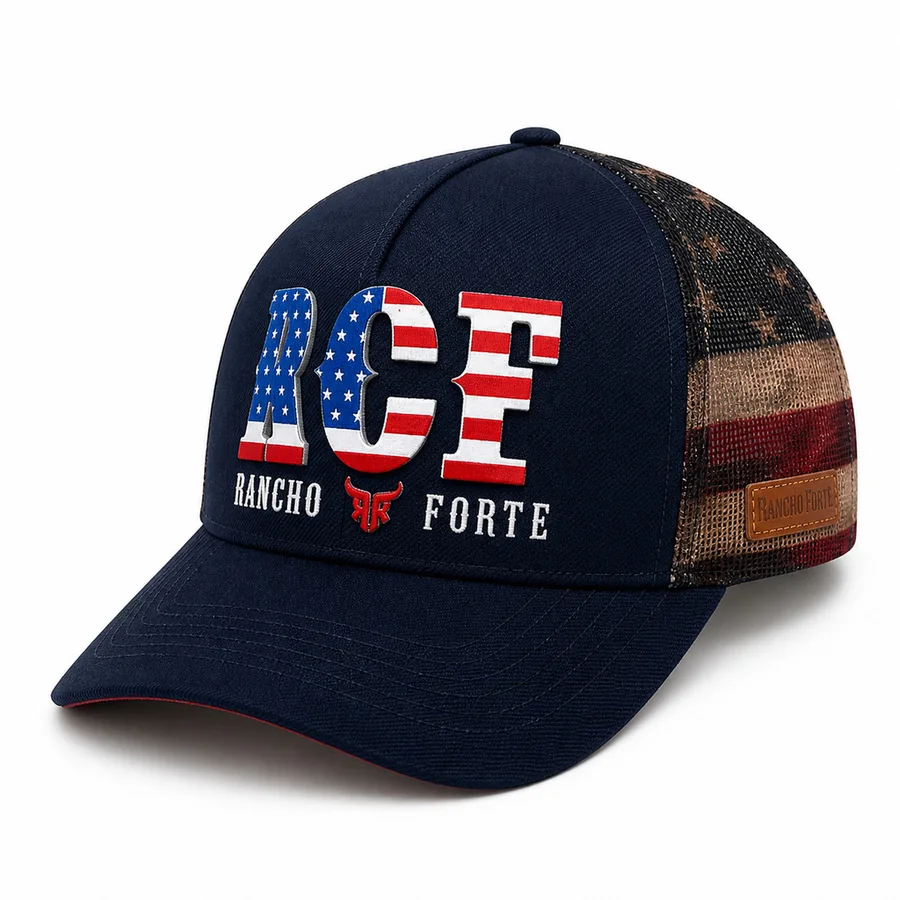 Boné Trucker EUA RCF Bandeira Estados Unidos na cor Azul Marinho